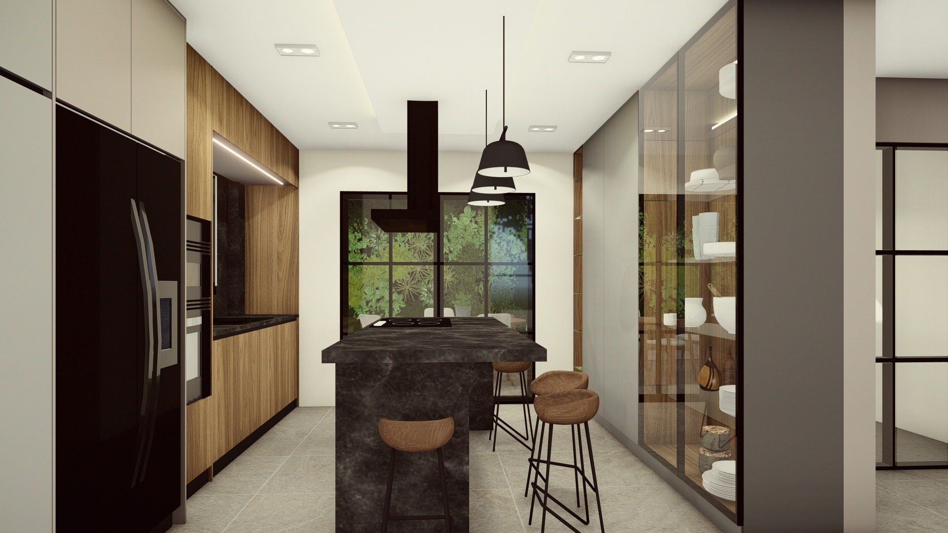 Kitchen island and pantry view