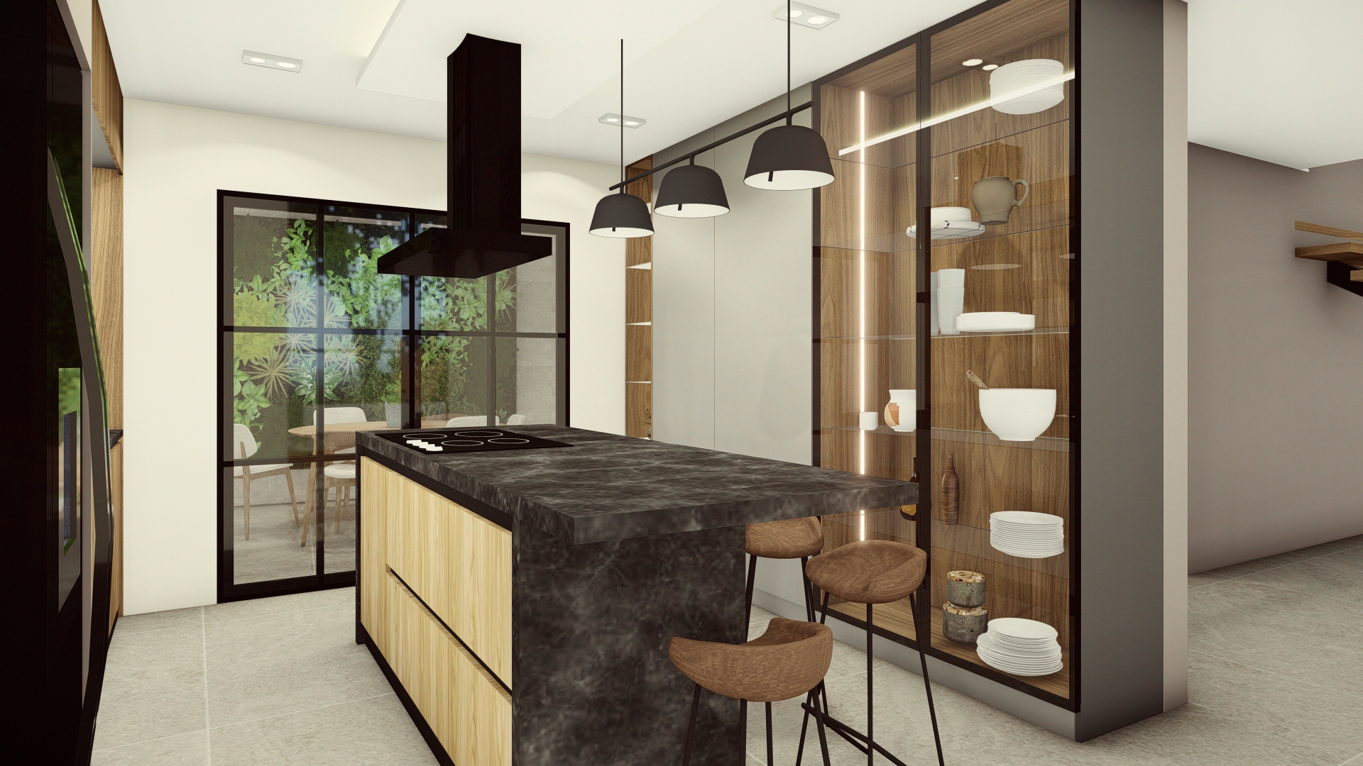 Kitchen island with pendant lights & open shelving