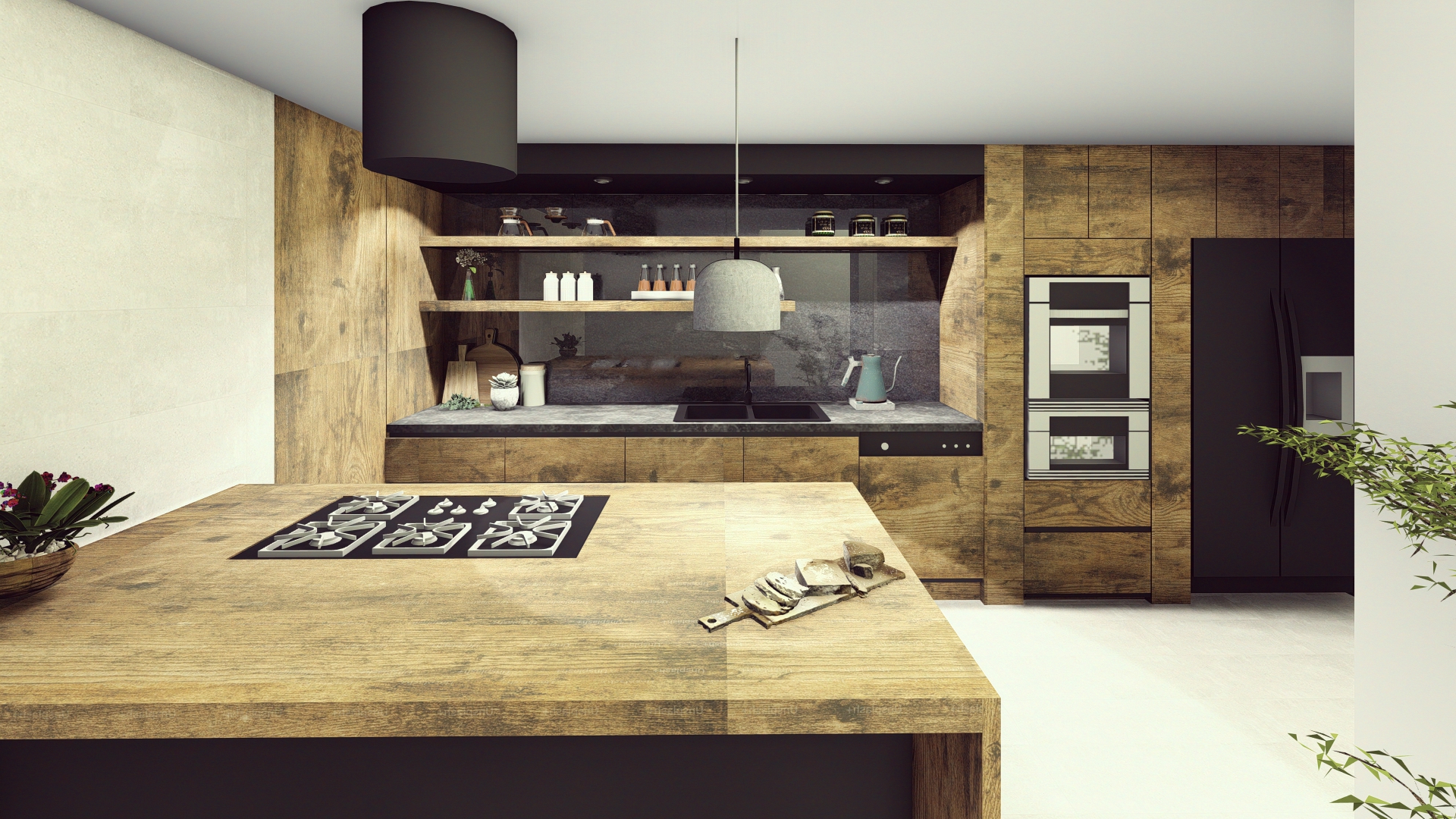 Island with gas cooktop & open shelving