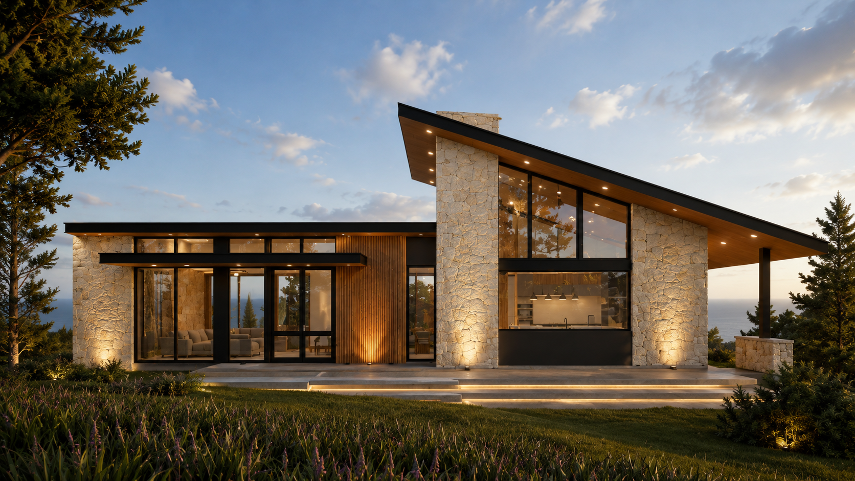 Saldaña House — sloped-roof pavilion with ocean view